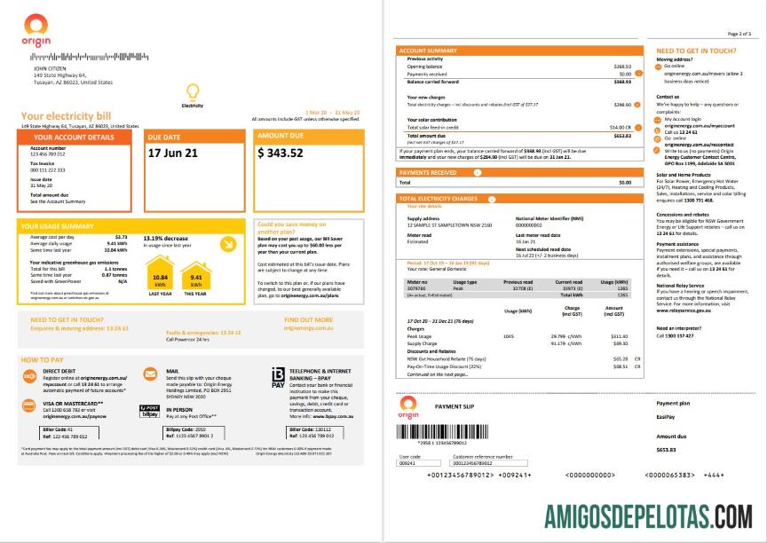 imprimível Austrália Nova Gales do Sul (NSW) Origem Modelo de conta de serviços públicos de eletricidade em formato Word e PDF 1 2